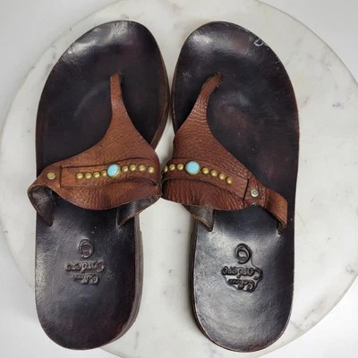 VTG Calleen Cordero Leather Flip Flops Womens 11 Brown Thong Sandals Boho - Image 1 of 4