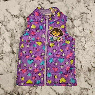 Kids Dora the Explorer Puffer Vest Purple Hearts Stars Nickelodeon Size 5 - Image 1 of 4