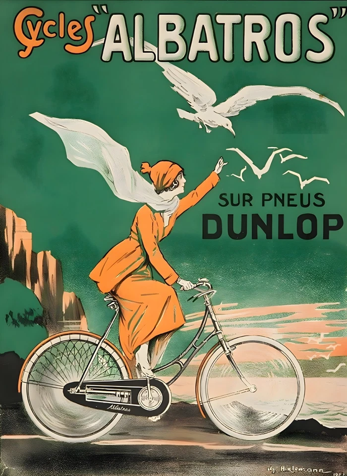 16265.Wall Decor Poster.Interior Art.Cycles Albatros Dunlop Tires Woman Birds - Image 1 of 1