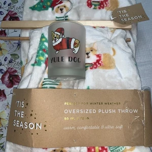 Corgi Christmas Throw Blanket Oversized + Yule Dog Glass NWT Holiday Gift - Picture 1 of 17