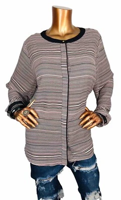 Liz Claiborne 1X Plus Top Striped Prints Button Up Blouse Long Slv Crew Neck - Image 1 of 4