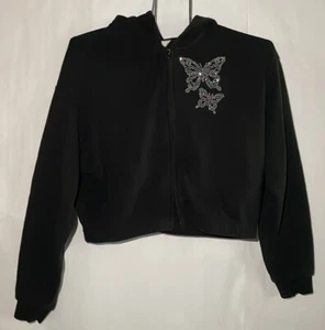 H&M Black Hoodie Cropped w/ Sparkly Butterfly, size girls 12-14 - Picture 1 of 7