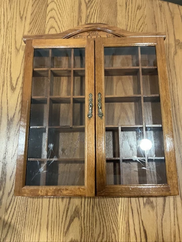 Vtg Wall Hanging Curio Cabinet Wooden 25 Section 18” x 16" x 2.5” cut glass door Cover