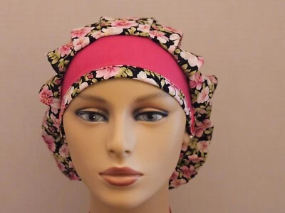 Bouffant/Ponytail Combo Scrub Hat - Floral Print on Black - Image 1 of 4