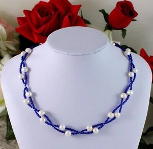 Halsketten,Perlenkette,Echt Süßwasser Perlen Collier Kette Neu 1 Stück Blau/Weiß - Bild 1 von 2