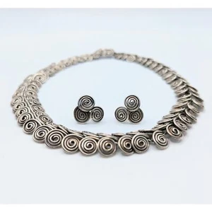 Midcentury choker necklace and clip earrings wide double spiral link choker - Picture 1 of 10