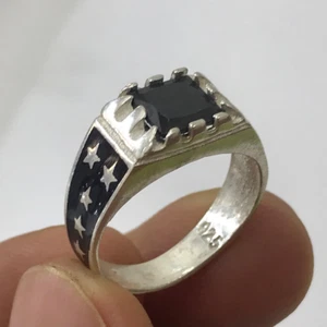Vintage Sterling Silver 925 Men's Ring Stars US Shape Black Onyx Stone US Size 8 - Picture 1 of 6