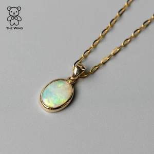 Minimal Oval Australian Solid Opal Pendant ONLY 14k Yellow Gold Charm - Picture 1 of 12