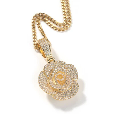 Collar Colgante Joyería Hip Hop Flor Rosa ICED AAA+ CIRCONITA 18K Chapado en Plata Foto 1 de 4