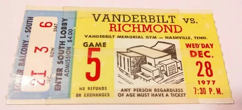 1977-78 Vanderbilt Commodores Richmond Basketball Ticket Stub Cover