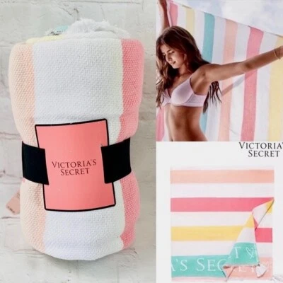 RARE Victoria's Secret Throw Blanket Striped Beach Finge 50 x 60 Free Tote Bag - Image 1 of 4