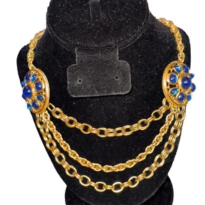 Rare TRIFARI TM Blue Gripoix Style Faux Gems Cabochon Moghul Necklace - Picture 1 of 14