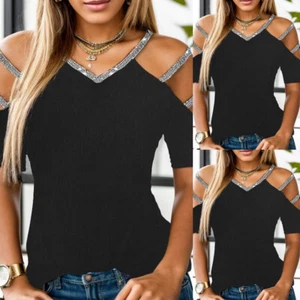 HOT Womens Solid Sexy Cold Shoulder T-shirts Ladies Casual Blouse Tops Tees - Picture 1 of 9