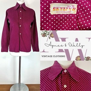 Vintage Retro original 1970s Skyline BurgundyPolka Dot Spoon Collar Shirt 13  - Picture 1 of 7