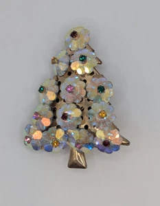 Vintage Christmas Tree Pin Iridescent AB Flowers Beads Multicolored Rhinestones - Picture 1 of 4