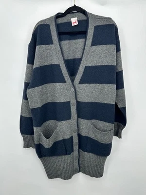 复古 80 年代女式橄榄球条纹开衫毛衣蓝色欧盟 36 美国大型学术界 — 第 1/4 张图片