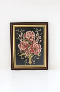 "Imagen tapiz vintage completa rosas a punta de aguja flores enmarcadas 14"" X 11""" - Imagen 1 de 10