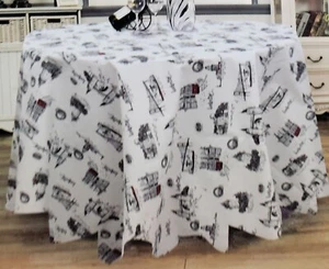 Peva Vinyl Kitchen Tablecloth, 60" Round (4-6 ppl) VARIOUS BULDINGS ON WHITE, RS - Picture 1 of 20