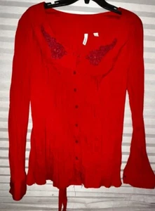St John Bay Blusa Roja Top Camisa Arrugada Corbata Espalda Aplique XL - Imagen 1 de 6