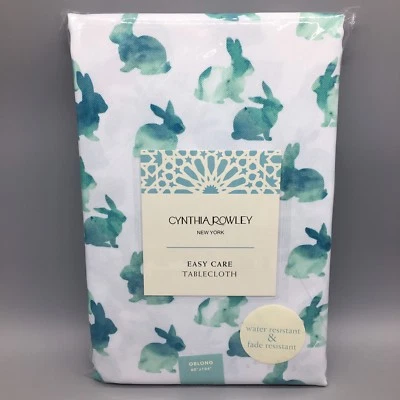 Cynthia Rowley Easter Bunny Tablecloth Watercolor Turquoise Teal Blue 60x104 NEW - Image 1 of 4