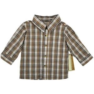 Little Rebels Boys Brown White Plaid Long Sleeves Button Up Shirt Size 18 Months - Picture 1 of 10