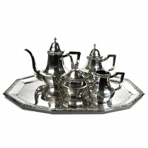 Antikes Silber Kaffee- & Teeservice auf Tablett 5 tlg 800 Silber um 1930 - Picture 1 of 12