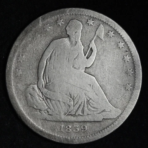 1839 No Drapery Seated Liberty Half Dollar CHOICE VG Nice Early Date E896 TNAE Cover