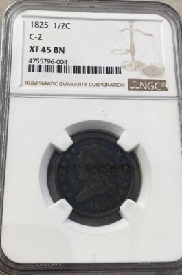 1825 1/2 CENT C-2 XF45 BN NGC FREE SHIPPING - Image 1 of 4