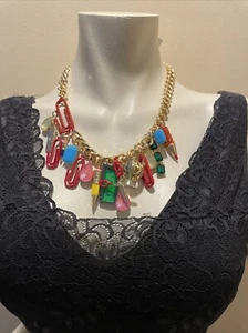 Betsey Johnson Back To School Supplies Charm Chunky Necklace Red Crystal Pencil - Picture 1 of 12