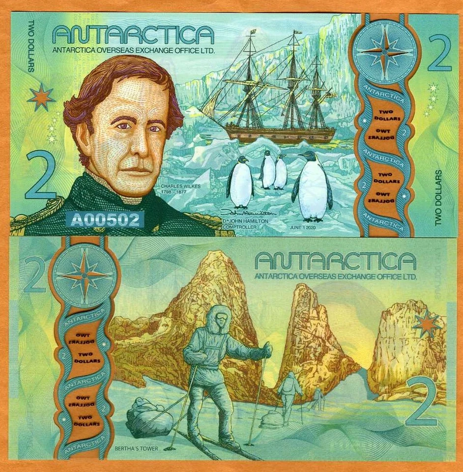 Antártida, $2, 2020, polímero ventana transparente, nuevo diseño, UNC Penguins, Wilkes Foto 1 de 1