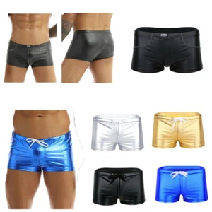 Sexy Mens Metallic Leather Boxer Shorts Swim Trunks Underwear Beachwear Clubwear - Picture 1 of 39
