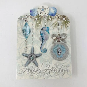 7 Beach Xmas Holiday Cards - Seahorse Seashells Starfish Ornaments - Picture 1 of 6