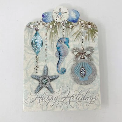 7 Beach Xmas Holiday Cards - Seahorse Seashells Starfish Ornaments - Image 1 of 4