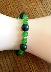 10mm Natural Lapis Lazuli Stone & 8mm Green Jade Bead Bracelet Green Rhinestones - Picture 1 of 2