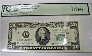 1990 $20 DOLLAR FEDERAL RESERVE NOTE! SERIAL#L35640071D! GRADED 64PPQ BY PCGS! - Picture 1 of 7