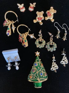 Holiday Lot Charm Hoops Christmas Tree Brooch Stud Earring Holder Some Signed - Picture 1 of 18
