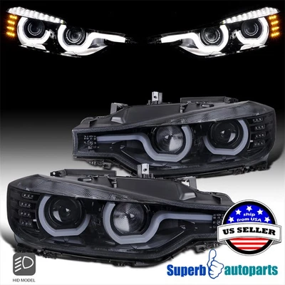 Fits 2012-2015 BMW F30 3-Series LED U-Rings Black Smoke Projector Headlights - Image 1 of 4