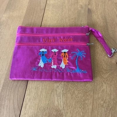 Vietnam Bolsa Bolso con Cremallera Bolso sin asas Bolso de Maquillaje de Seda Rosa 3 Secciones Raro Foto 1 de 4