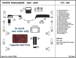 se adapta a Toyota Highlander 01 02 03 04 05 06 07 kit de molduras de tablero madera de burl cobretino - Imagen 1 de 3