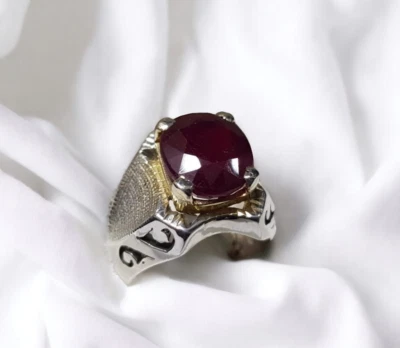 Anillo Grande Africano Rubí Oscuro Deco Plata 925 Yakut Hombre Rubí Natural Banda de Regalo Foto 1 de 4