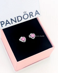 New 100% Authentic PANDORA 925 Pave Elevated Pink Heart Stud Earrings 298427C02 - Picture 1 of 7