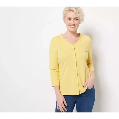 Top Isaac Mizrahi Live Botón Frontal Tejido con Volantes Cuello Mujer XL Amarillo NUEVO Foto 1 de 4