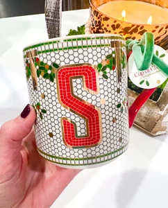 NEW ANTHROPOLOGIE FESTIVE BISTRO TILE MONOGRAM INITIAL CHRISTMAS HOLIDAY MUG S - Picture 1 of 8