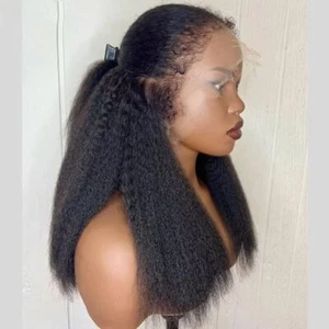 Kinky Straight 360 Lace Front Human Hair Wigs Pre Plucked 250% Density 16inch - Picture 1 of 6