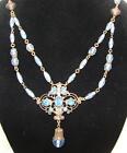 Vintage Bezel Set Blue Glass W Faceted Blue Beads &amp; Bell Beads Choker Necklace