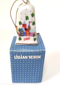 Lillian Vernon 1988 Ceramic Bell Village Xmas Ornament Box Colorful Town Vtg 80s - Picture 1 of 5