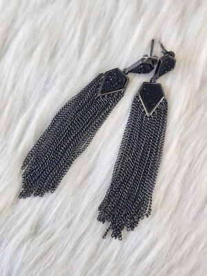 Signed MM Black Druzy Gunmetal Chains Tassel Drop Pierced Earrings  - Image 1 of 4