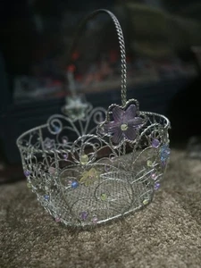 Vtg Oval Wire Basket Flowers Beaded Floral Silver Tone Egg Basket Bread Basket - Picture 1 of 3