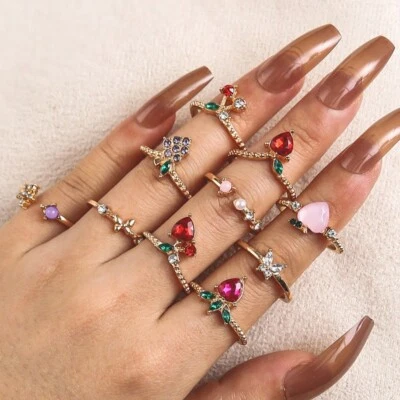 Juego de 10 piezas anillo abierto retro dedo bohemia cristal rojo cereza uva fruta 2082 Foto 1 de 3