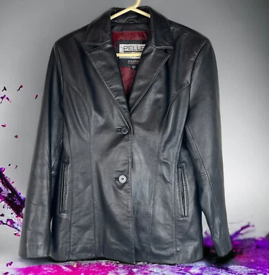 Wilsons Pelle Studiio 皮革西装外套夹克 2 按钮黑色女式大号 — 第 1/4 张图片